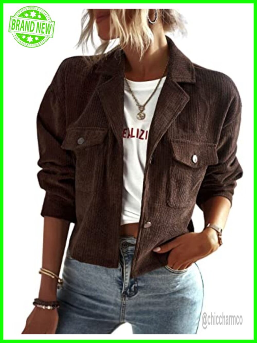 Corduroy Cropped Shacket Lightweight Button Front Loose Casual Jacket